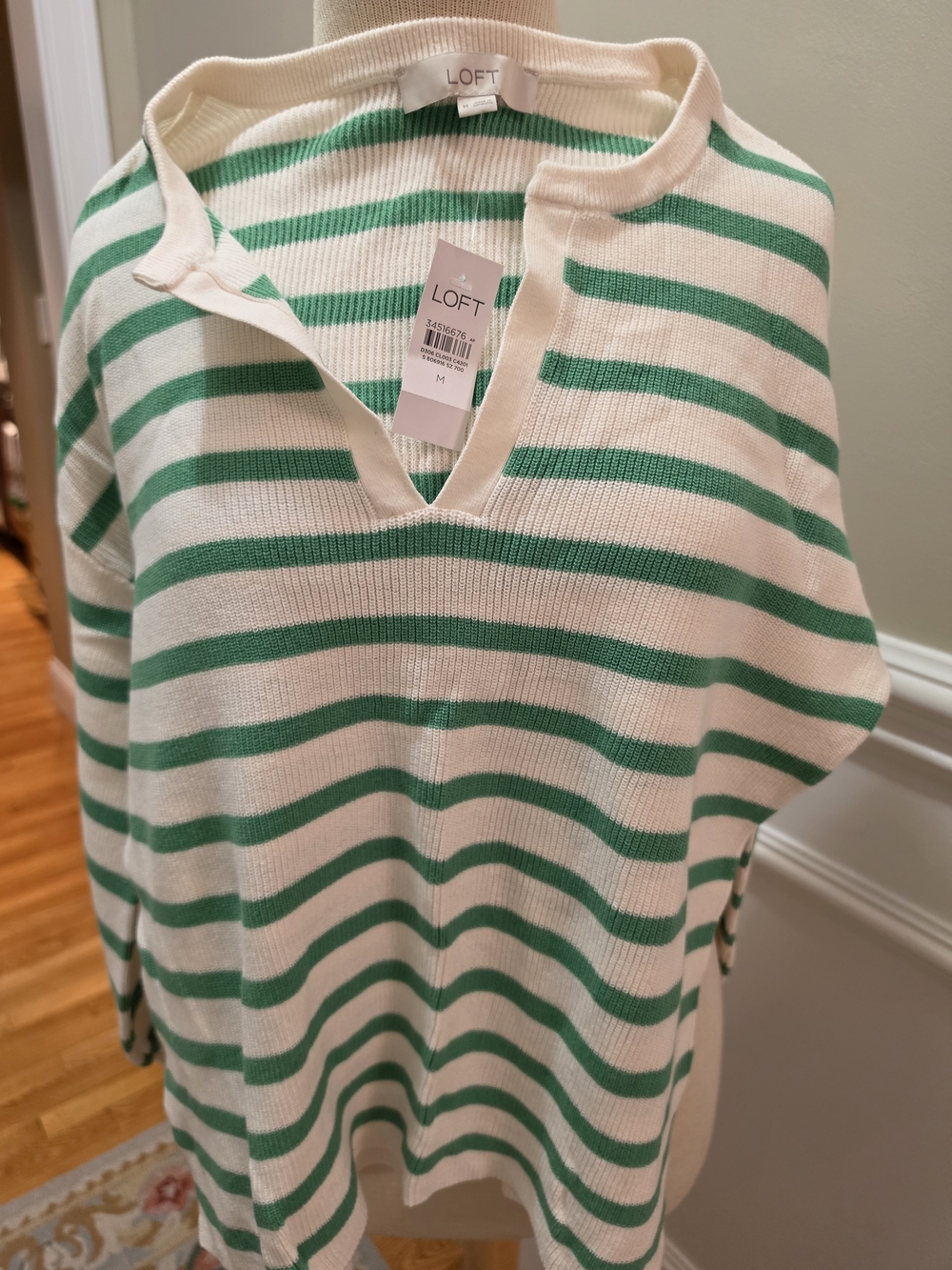 LOFT Cream and Green Striped V-Neck Knit Sweater NWT
